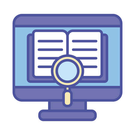 Ebook inside computer and lupe line and fill style icon design, Education online and elearning theme Vector illustrationのイラスト素材