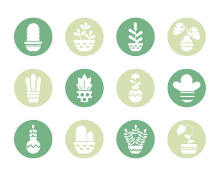 set of icons houseplants with potted, block and flat style icon vector illustration designのイラスト素材