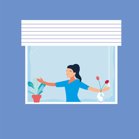 woman at the window doing dance exercises at home vector illustration designのイラスト素材