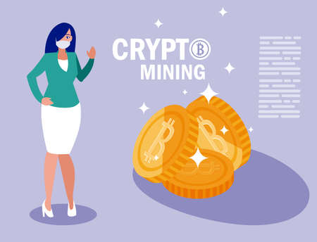 Woman with mask and bitcoins of Crypt mining bit money currency and financial theme Vector illustrationのイラスト素材