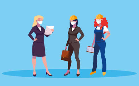 Architect businesswoman engineer and builder woman with masks and helmets design, Women workers theme Vector illustrationのイラスト素材