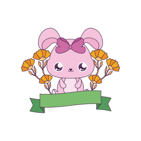 rabbit cartoon with flowers and ribbon design, Kawaii expression cute character funny and emoticon theme Vector illustrationのイラスト素材