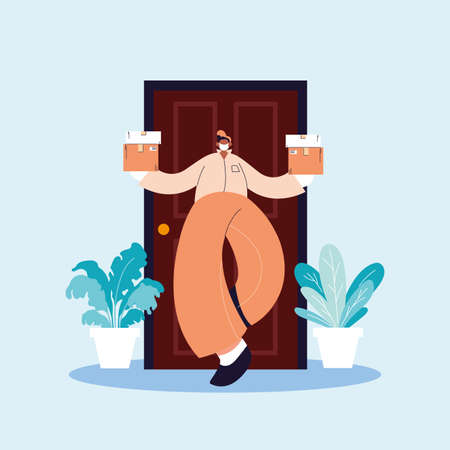 delivery man with face mask carries the cardboard boxes vector illustration designのイラスト素材