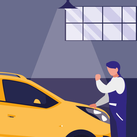 mechanic worker with car in the workshop vector illustration designのイラスト素材