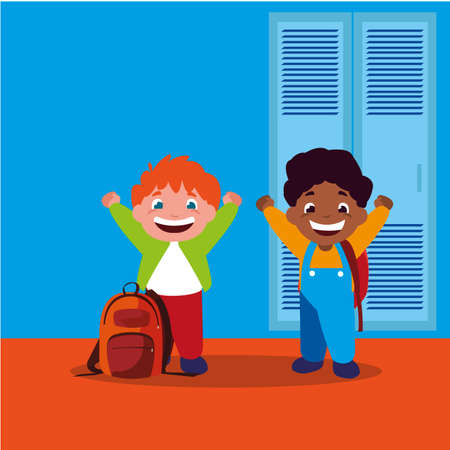 happy little interracial boys in the school corridor vector illustration designのイラスト素材