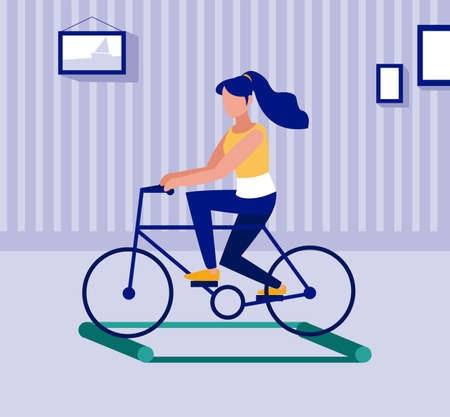woman on bicycle on training rollers, social distancing vector illustration designのイラスト素材