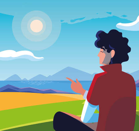 man seated observing landscape with lake vector illustration designのイラスト素材