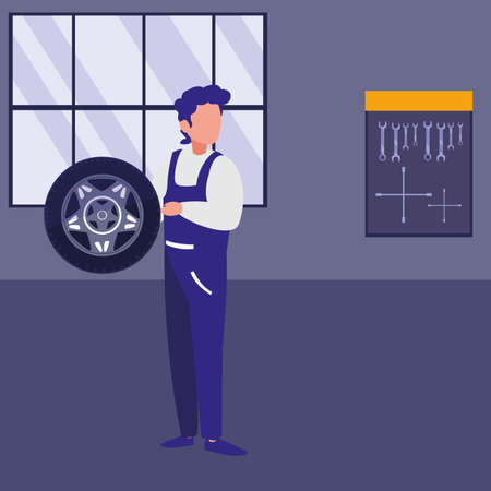mechanic worker with tire car vector illustration designのイラスト素材
