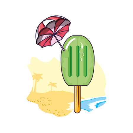 ice cream with stick in the beach and umbrella vector illustration designのイラスト素材