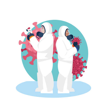 Doctors with protective suits design of Medical care and covid 19 virus theme Vector illustrationのイラスト素材