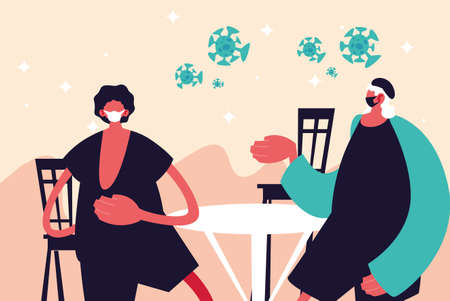 Urban men cartoons with masks casual cloth and restaurant table design of Medical care and covid 19 virus theme Vector illustrationのイラスト素材