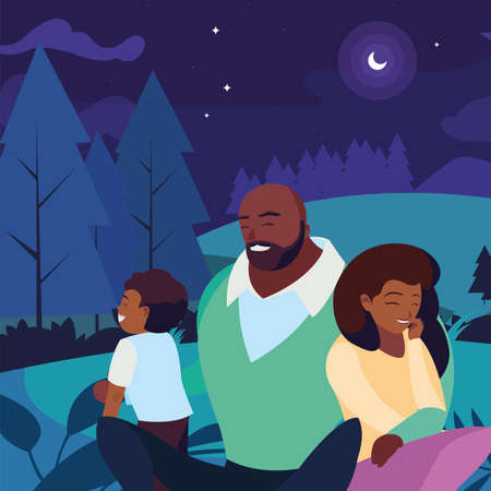 black parents couple with son in the landscape at night vector illustration designのイラスト素材