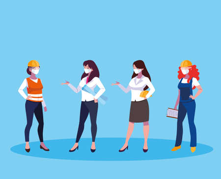 Architect businesswoman engineer and builder woman with masks and helmets design, Women workers theme Vector illustrationのイラスト素材