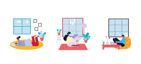 set of cards people working from her home vector illustration designのイラスト素材