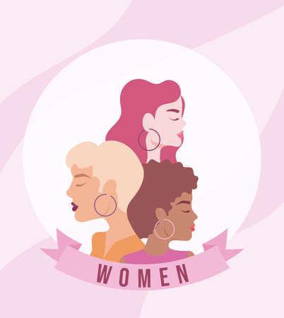 portrait of beautiful women, young multi ethnic women in profile vector illustration designのイラスト素材