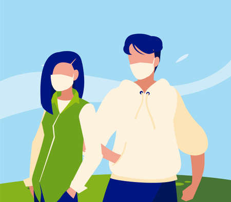 Woman and man avatar with mask outside design of Covid 19 virus theme Vector illustrationのイラスト素材