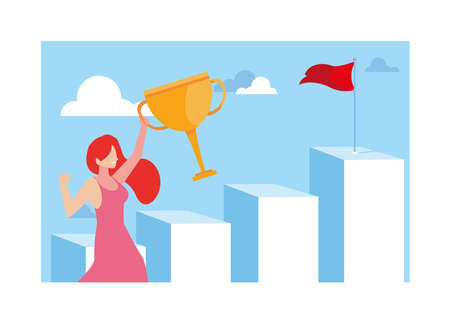 woman running up stairway to the top of mountain, way to success vector illustration designのイラスト素材