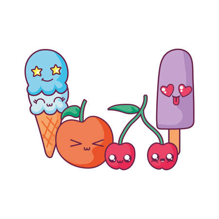 Ice cream apple cherry and ice pops cartoon design, Kawaii expression cute character funny and emoticon theme Vector illustrationのイラスト素材