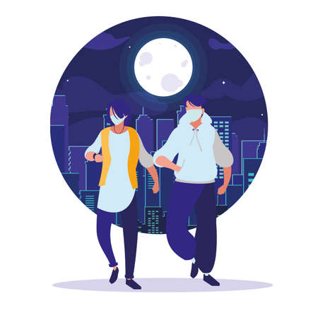 couple walking in the city wearing face mask vector illustration designのイラスト素材