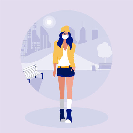 Woman with mask at park design of Covid 19 virus theme Vector illustration