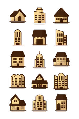 set of icons of towers of apartment, office building and house on white background vector illustration designのイラスト素材