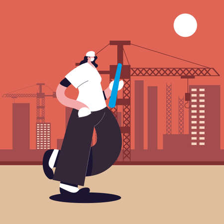 engineer woman with face mask, safety and prevention vector illustration designのイラスト素材