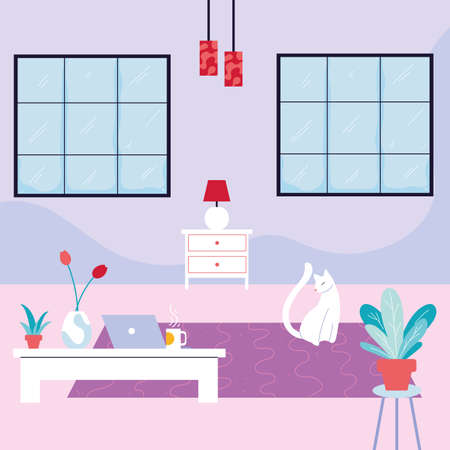 room interior with office furniture, work at home vector illustration designのイラスト素材