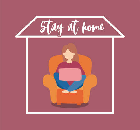 stay at home awareness social media campaign and coronavirus prevention woman connecting with her laptop vector illustration designのイラスト素材
