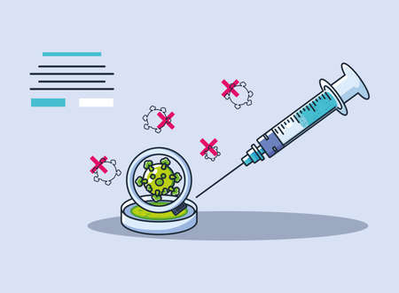 infographic with medical syringe, research of coronavirus vector illustration designのイラスト素材