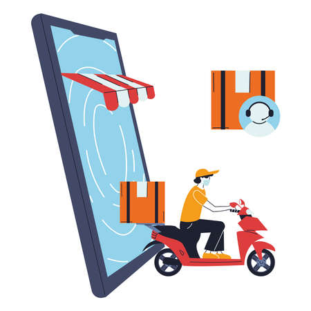 man with mask on delivery with location and application vector illustration desingのイラスト素材