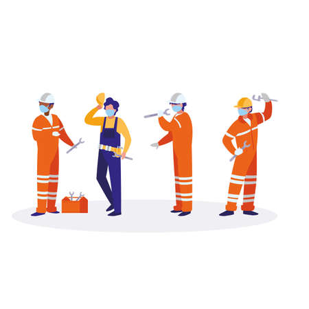 industrial workers men working with face mask vector illustration designのイラスト素材