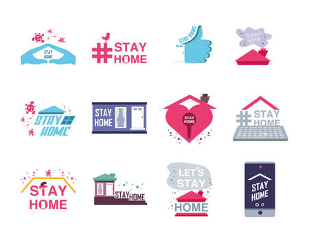 set of icons campaign stay at home, coronavirus prevention vector illustration designのイラスト素材