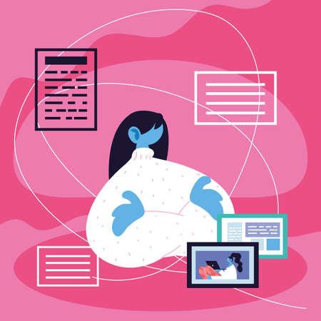 young woman with social media icons vector illustration designのイラスト素材