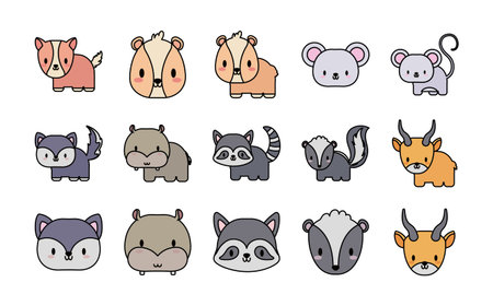 set of icons animals baby kawaii, line and fill style icon vector illustration design