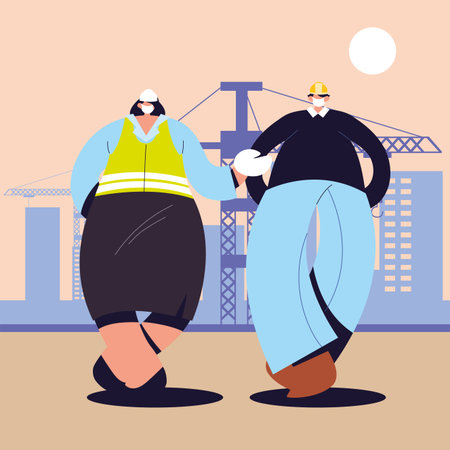 men technicians and engineers with face mask, safety and prevention vector illustration designのイラスト素材