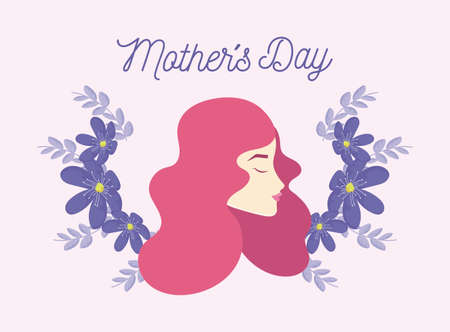 happy mothers day design with decorative wreath of flowers and woman icon over pink background, vector illustrationのイラスト素材