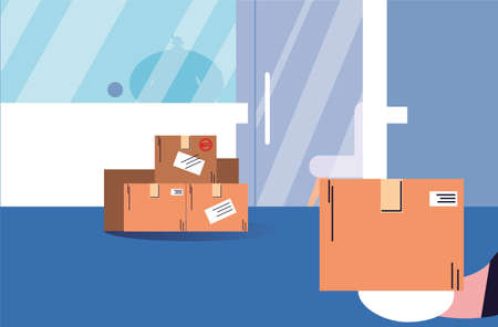 contactless delivery, boxes of purchases stand at the door vector illustration designのイラスト素材