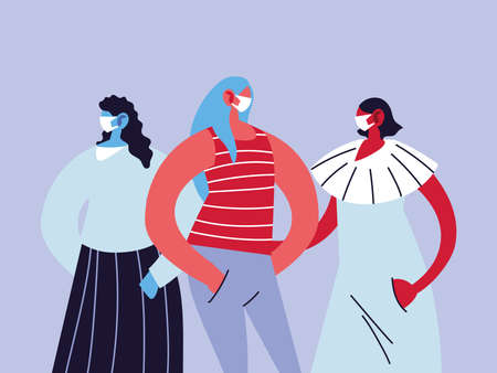 women in medical masks, protecting themselves against epidemic infection by coronavirus vector illustration designのイラスト素材