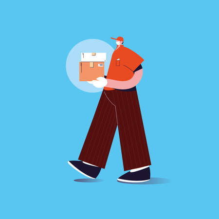 delivery man with face mask carries cardboard box vector illustration designのイラスト素材