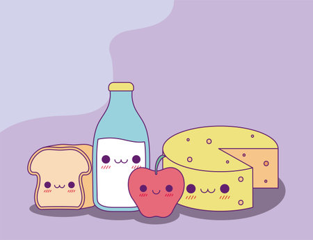 bread milk bottle apple and cheese design, Kawaii food cute character emoticon theme Vector illustrationのイラスト素材