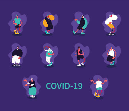 set of men with surgical mask avoiding infection by covid 19 vector illustration designのイラスト素材