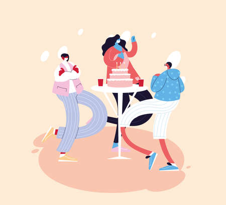 group people celebrating with drinks they use face masks vector illustration designのイラスト素材