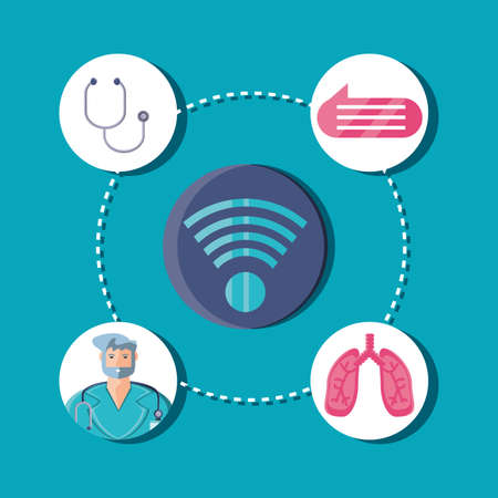 poster of online medical support with icons of technology vector illustration designのイラスト素材