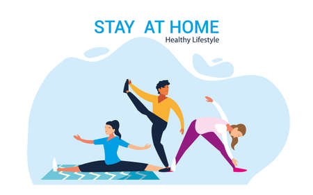people doing stretching and strength exercises at home vector illustration designのイラスト素材