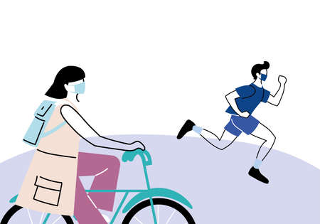 people with masks doing sports vector illustration desingのイラスト素材