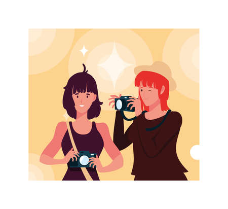 Women with camera design, Device gadget technology photography equipment digital and photo theme Vector illustrationのイラスト素材