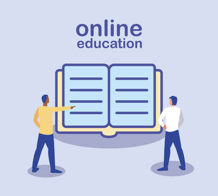 online education, people standing, books on background vector illustration designのイラスト素材
