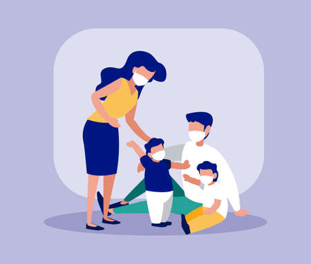 Family with masks in front of frame design of Covid 19 virus theme Vector illustrationのイラスト素材