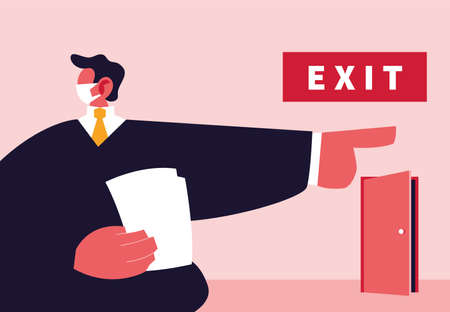 big boss pointing on the door, unemployment by coronavirus vector illustration designのイラスト素材