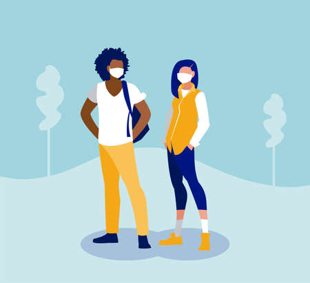 Woman and man with mask outside design of Covid 19 virus theme Vector illustrationのイラスト素材